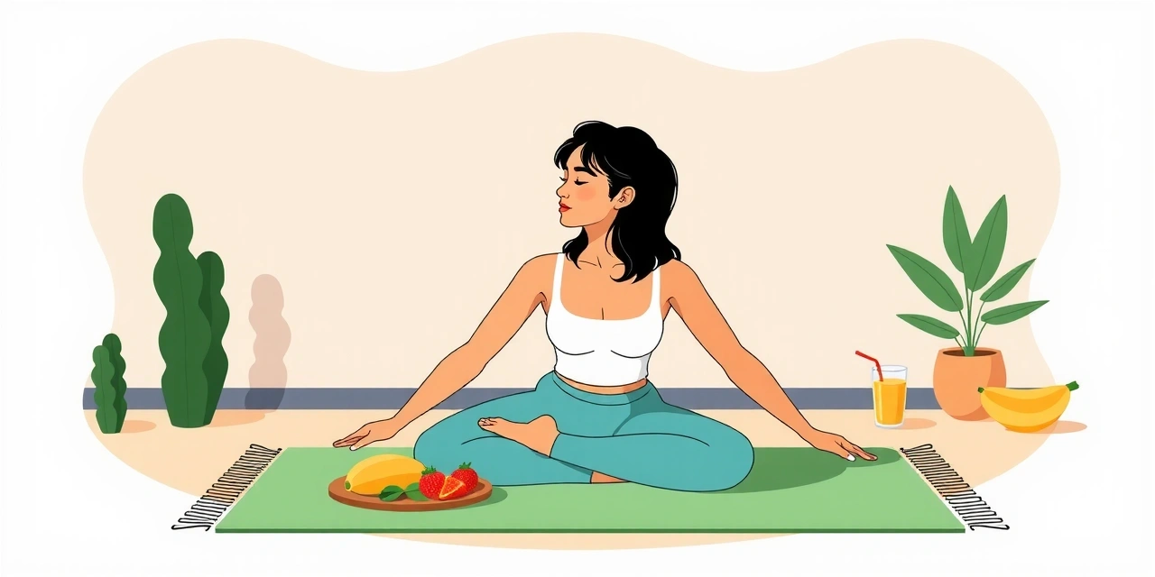 Osoba uprawiająca jogę na macie z smoothie i zdrowymi przekąskami obok