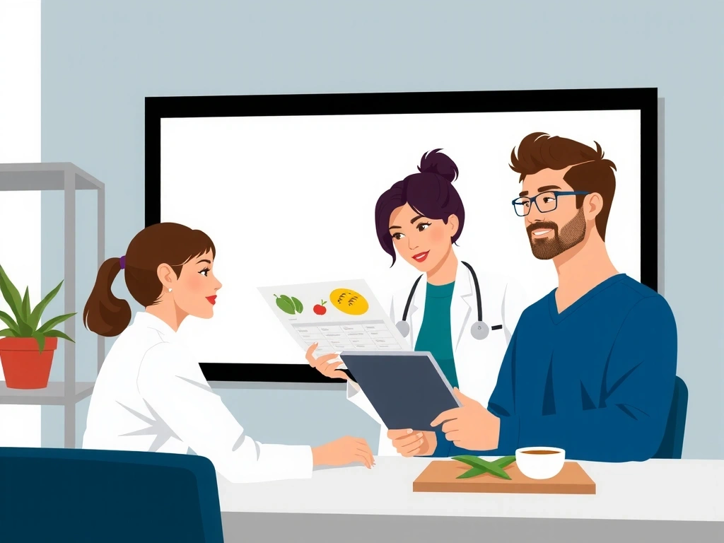 Profesjonalny dietetyk podczas konsultacji z klientem, pokazujący plan żywieniowy na tablecie w nowoczesnym biurze