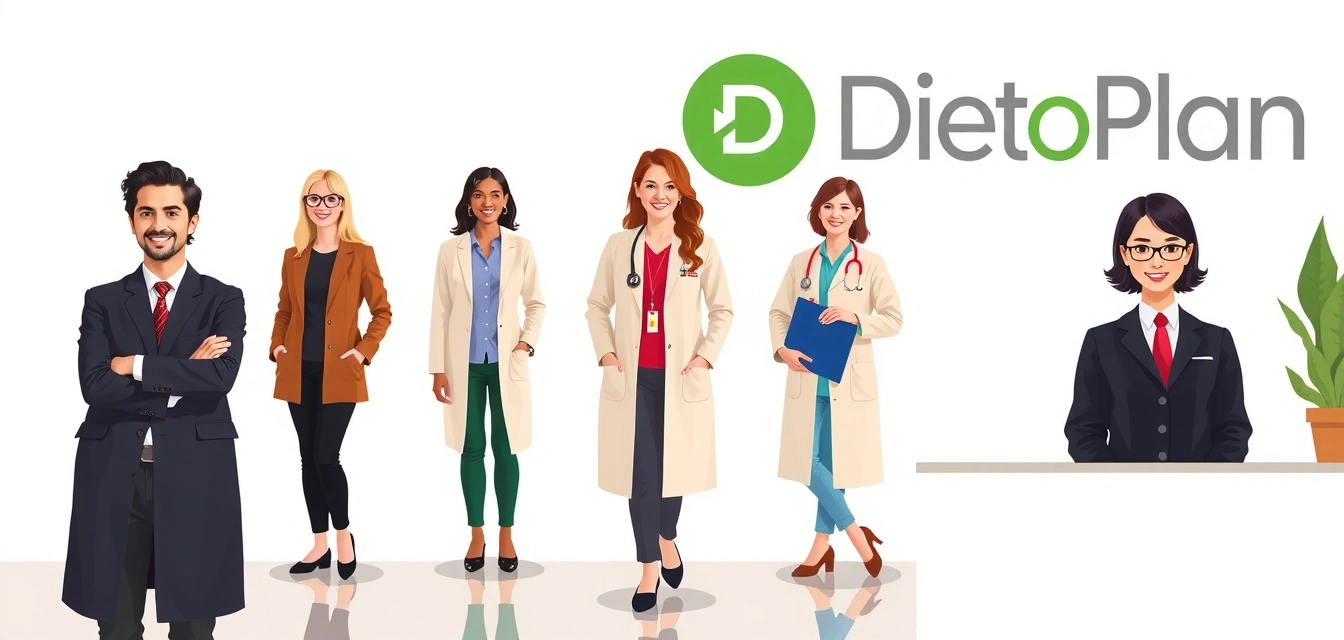 Zespół dietetyków DietoPlan w nowoczesnym biurze - profesjonaliści w białych fartuchach z uśmiechami